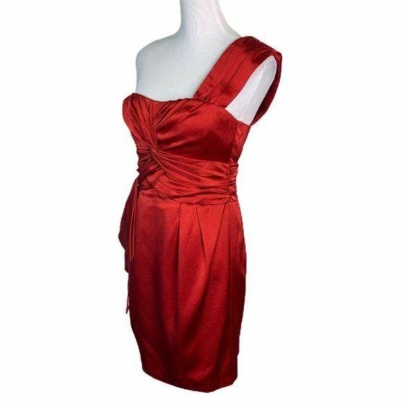 Nanette Lepore Red Satin One Shoulder Ruched Dress - Picture 7 of 12